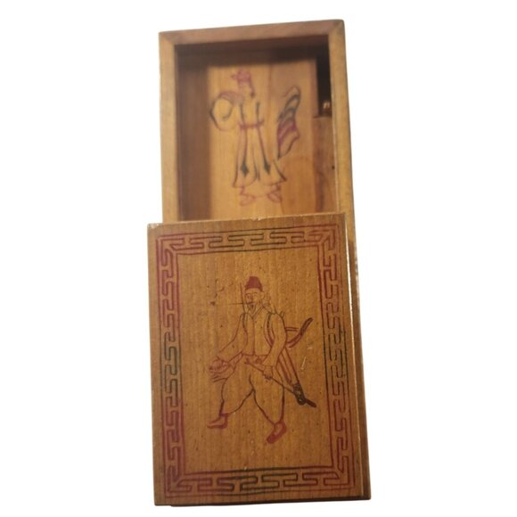 Vintage Wooden Sliding Top Cigarette Box With Hand-Painted Oriental Design - Picture 1 of 8